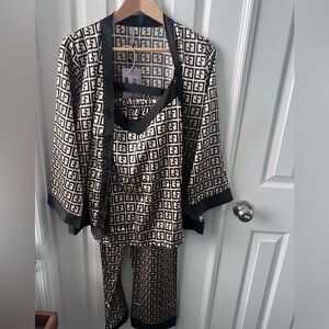 Fancy Black and Cream Patterned Satin Pajama Set